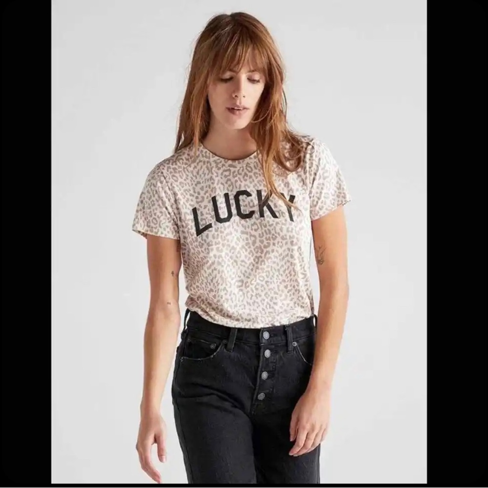 Lucky Brand Leopard Print “Lucky” Crew Neck Tee Shirt Size XS